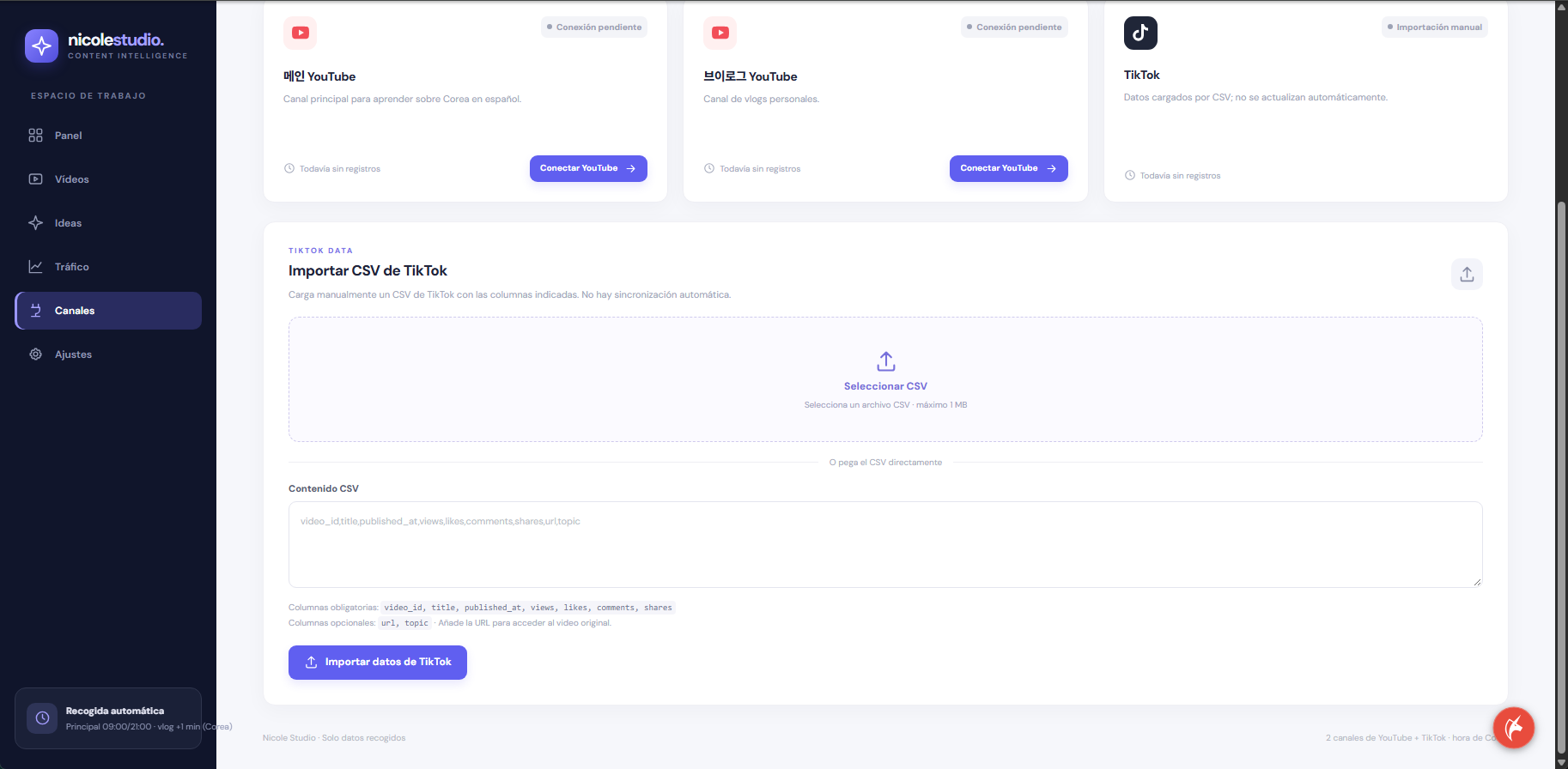 Formulario real de TikTok en Nicole Studio. Seleccionar CSV aparece en el cuadro grande, Contenido CSV debajo y el botón Importar datos de TikTok al final.